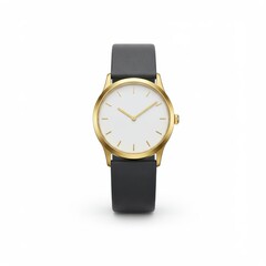 Wristwatch with gold case and black leather strap isolated on white background. use cases: product shot, fashion accessory.