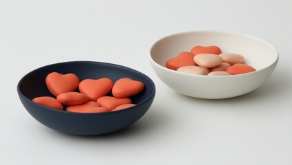 Two bowls, one dark blue, one white, containing heart-shaped candies in orange and pink hues against a stark white background