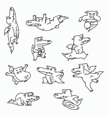 Obraz premium Hand drawn vector illustration set of cartoon alligator