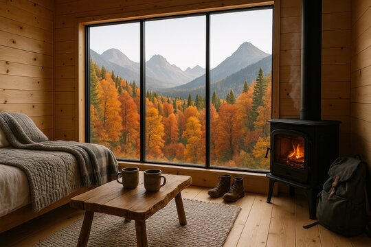 cozy mountain cabin interior with autumn foliage view through large window, warm fireplace and comfortable seating area creating a serene and peaceful atmosphere