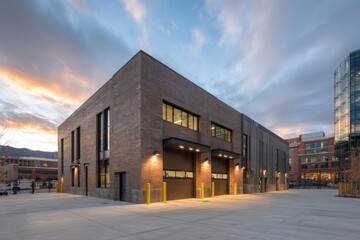 Obraz premium Modern Industrial Brick Building at Sunset