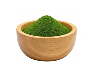 Wooden bowl with green duckweed powder isolated