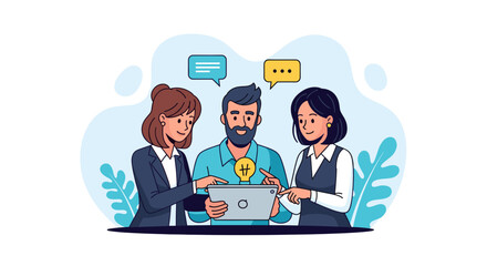 Teamwork and collaboration: Diverse colleagues brainstorming ideas on a tablet. Ideal for websites, presentations, and marketing materials.