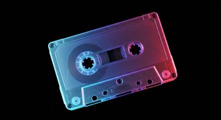 Obraz premium Nostalgic retro cassette tape with vibrant neon lighting on black background