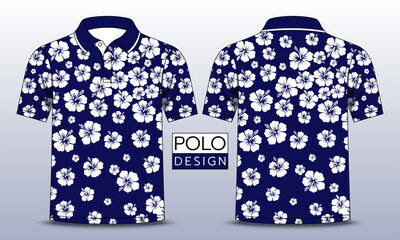 Blue polo shirt with white hibiscus pattern, Polo design,  T-shirt mockup template design. Vector Illustration.