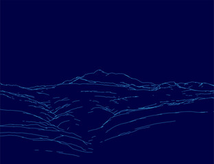 Blue and white line drawing of a mountain range with clean contour outlines. Stark contrast between dark blue background and white mountain silhouettes.