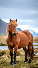 A majestic brown horse stands in a grassy meadow by a stream
