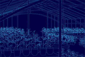 A blue contour line drawing depicts a greenhouse filled with neatly arranged potted plants and a small shed at the top. The clean lines and organized layout highlight a well-stocked gardening space.