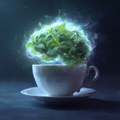 A Cup of Tea with Mint Leaves Forming a Luminous Glow