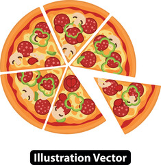 Illustration of a Delicious Pizza with Pepperoni, Mushrooms, and Green Peppers, Slices Ready to Eat