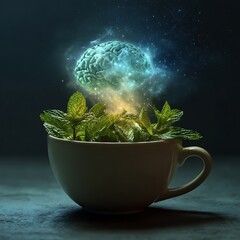 A Cup of Tea with Mint Leaves Forming a Luminous Glow