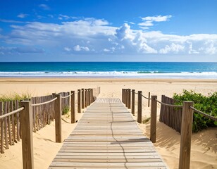 Obraz premium Wooden walkway leading to a sandy beach