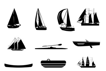 Silhouette illustration of various boats including sailboats, canoes, and a kayak on white background