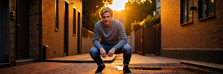 Young man squatting in an alley during sunset with warm light  - Concept of World Photography Day 