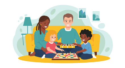 Happy family playing board games together at home. Perfect for family blogs, websites, and articles about family bonding.