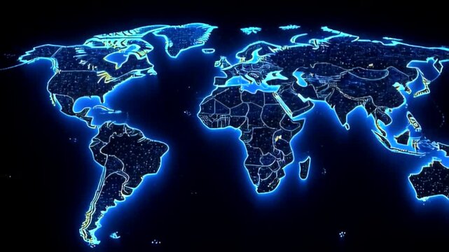 Animated world map revealing glowing continents and detailed countries outline