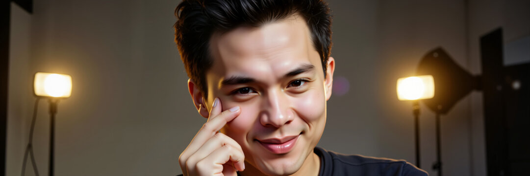 Young Asian man smiling and pointing to his eye in studio lighting - Concept of World Photography Day - Powered by Adobe