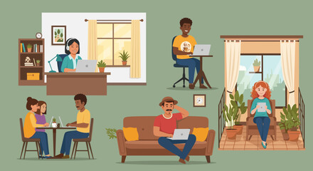 Diverse group of people working remotely from home, ideal for illustrating work-from-home culture or remote work solutions.