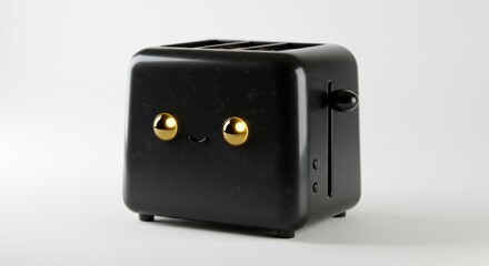 Stylized Kitchen Appliance: Whimsical Toaster with Golden Eyes on a Neutral Background