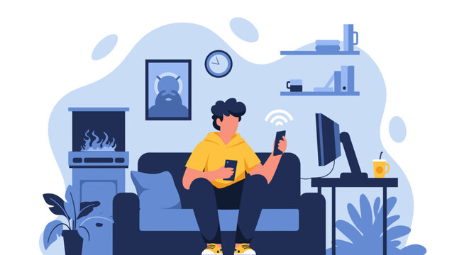 Man relaxing on couch using phone and computer, ideal for website banners or blog posts on home comfort and technology.