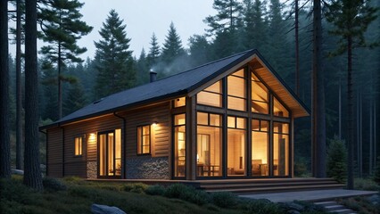 This captivating image features a beautifully designed forest home, showcasing a blend of natural materials and sleek modern lines. The illuminated interior suggests comfort and tranquility