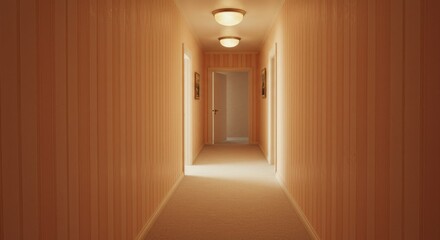 Surreal peach hallway with repetitive patterns and doors evoking a sense of the uncanny