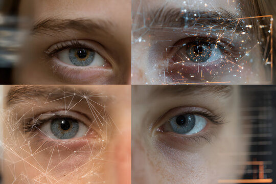 Biometric identification using iris scanning. Face ID and future technology. 3D technology concept.