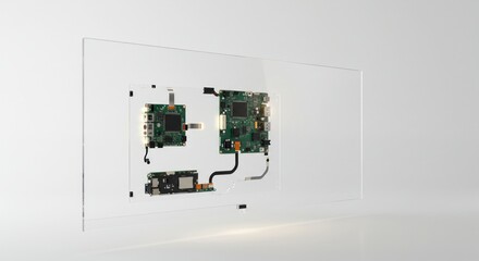 Technological transparency: embedded circuit boards showcased within clear casing display