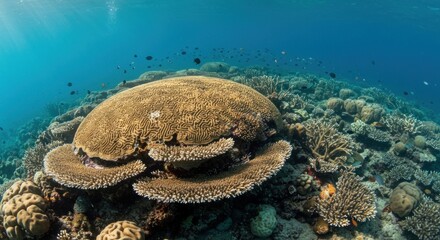 Underwater panorama showcasing a vibrant coral reef ecosystem with diverse marine life flourishing