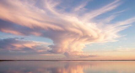 Vibrant pastel clouds and glassy water create a serene atmosphere at sunset