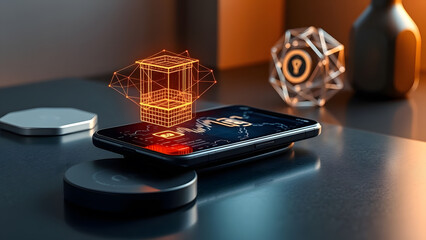 Futuristic smartphone on a wireless charger projecting a glowing 3D wireframe, representing advanced digital innovation.