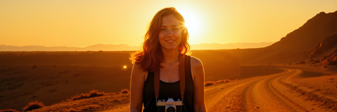 Young woman smiling with camera on dirt road at sunset for World Photography Day - Powered by Adobe