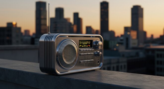Vintage radio broadcasting from the cityscape at sunset evoking nostalgia