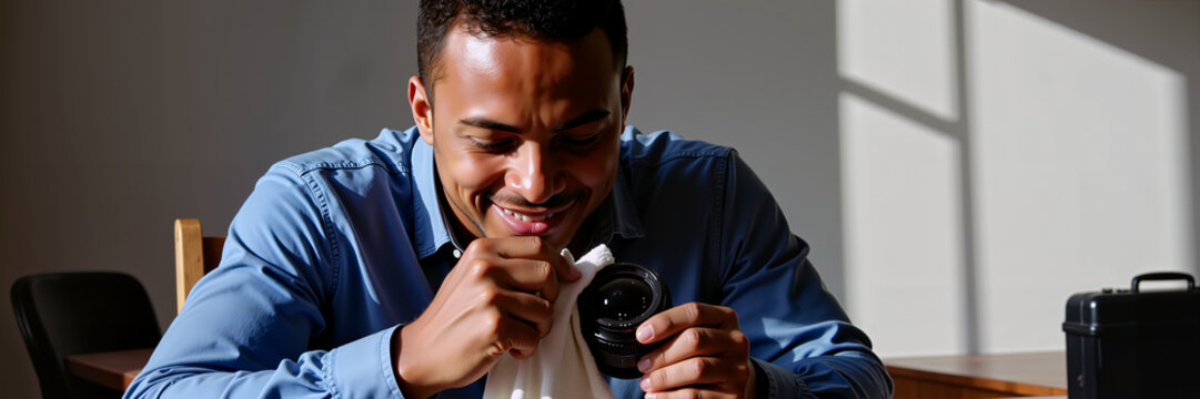 Man examining camera equipment with a smile in bright indoors - Concept of World Photography Day - Powered by Adobe