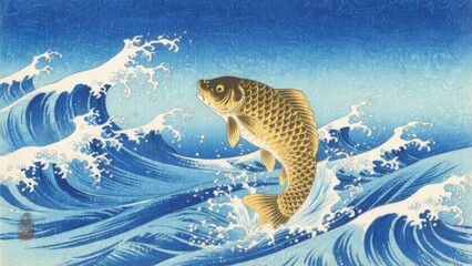A golden carp leaps through dynamic blue waves, symbolizing perseverance and strength.