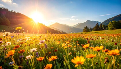 Vibrant wildflowers bloom in a sun-drenched alpine meadow, mountains silhouetted at sunset