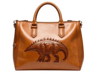 Brown Leather Handbag with Embossed Dinosaur Pattern, Front View, isolated on transparent background PNG