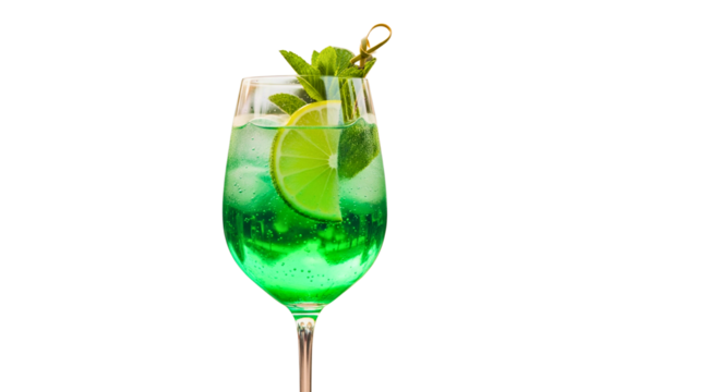 Aperitif mit Limetten und Minze in einem Weinglas


