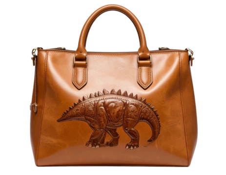 Brown Leather Handbag with Embossed Dinosaur Pattern, Front View, isolated on transparent background PNG