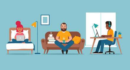 Remote Work Illustration: Diverse team working from home, perfect for blogs, articles, and websites about remote work.