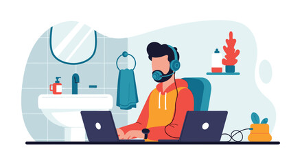 Man working from home in bathroom, using two laptops and headset. Illustration for remote work, multitasking, or productivity articles.