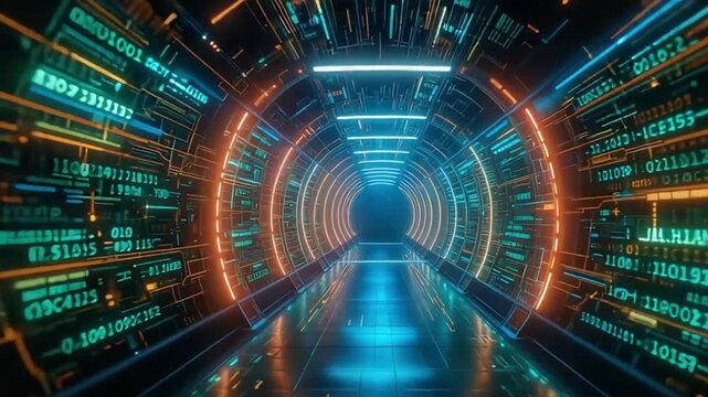 Abstract Data Tunnel with Flowing Binary Code and Glowing Circuits