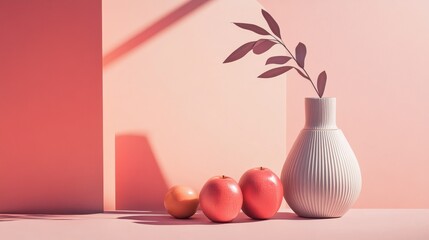 Still life of ceramic vases with fruits on pink background in pastel soft artistic modern decor