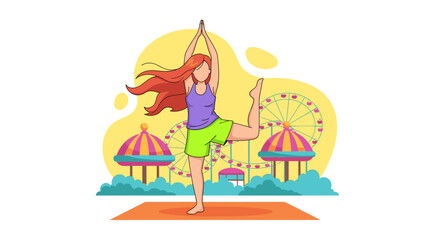 Fototapeta premium Woman practicing yoga at an amusement park. Perfect for websites, blogs, or social media related to health, wellness, and travel.