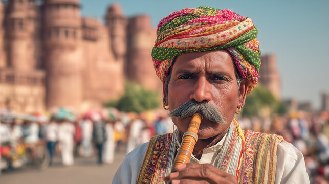 Flute Player in Front of Fort at Marwar Festival &ndash; Cultural Melodies and Traditional Music in the Streets of Rajasthan