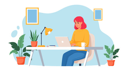 Woman working from home on laptop, vector illustration perfect for blog, website or social media.