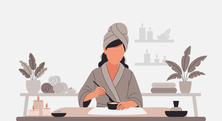 Woman in bathrobe applying face mask at spa, perfect for beauty salon websites and brochures.
