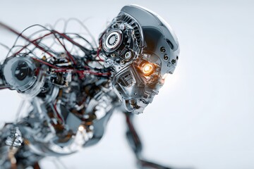 Fototapeta premium Futuristic robot trimmed in glow-eyed armor, a dancing gear within a white canvas.