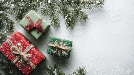 Elegant gift box with red ribbon on white background holiday present composition minimalist style, Xmas and New Year greeting card, winter holiday. Flat lay, top view banner for advertising