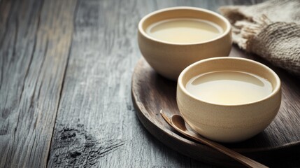 Fototapeta premium Two ceramic cups filled with warm tea on rustic wooden table creating cozy natural setting